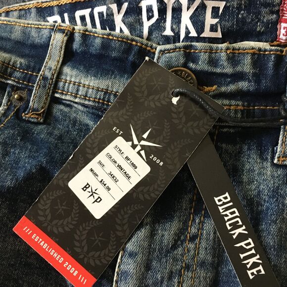 NWT BLACK PIKE LEGEND Embroidered Distressed Biker Stretch Slim Denim Jean 34X32 - Picture 15 of 16
